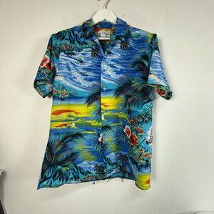 Vintage Kai Nani Hawaiian Shirt Blue Tropical Print Short Sleeve Button Up Large